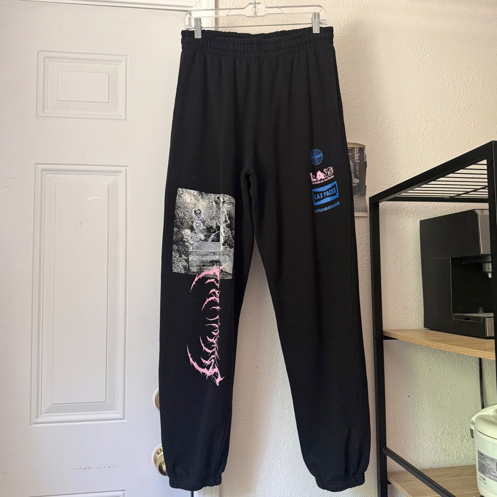 LAX black men's cotton graphic logo pull on elastic waist jogger sweat pants‎